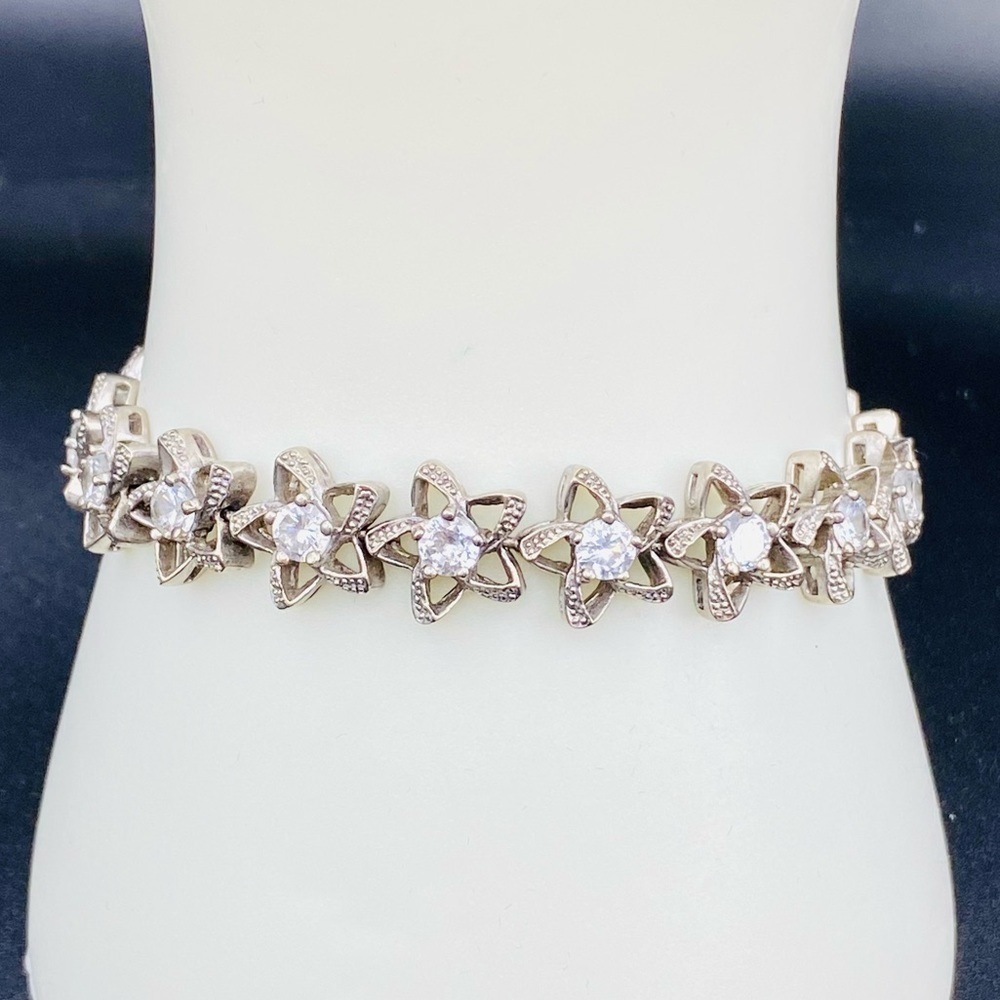 Sterling Silver White Sapphire Interlocking Hearts Vintage Bracelet 7”